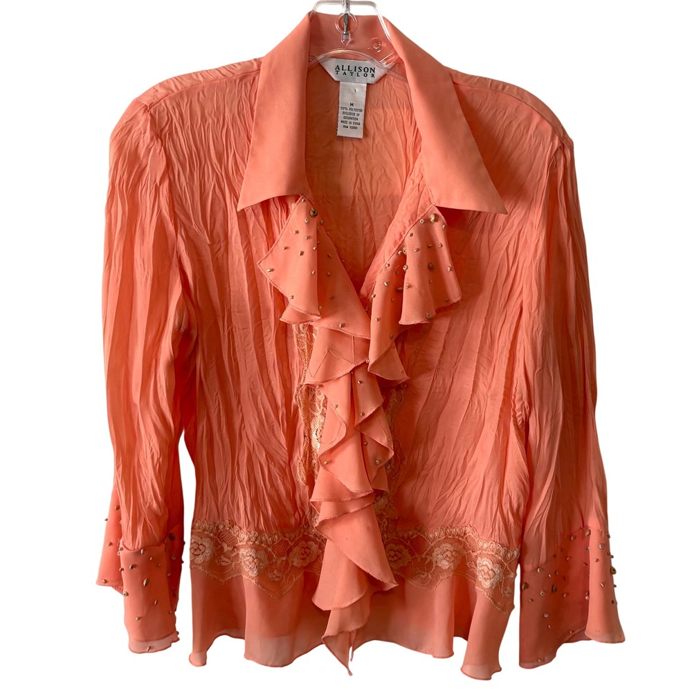 Allison Taylor Women's Peach 90's Vintage Ruffle Front Beaded Top in Size M